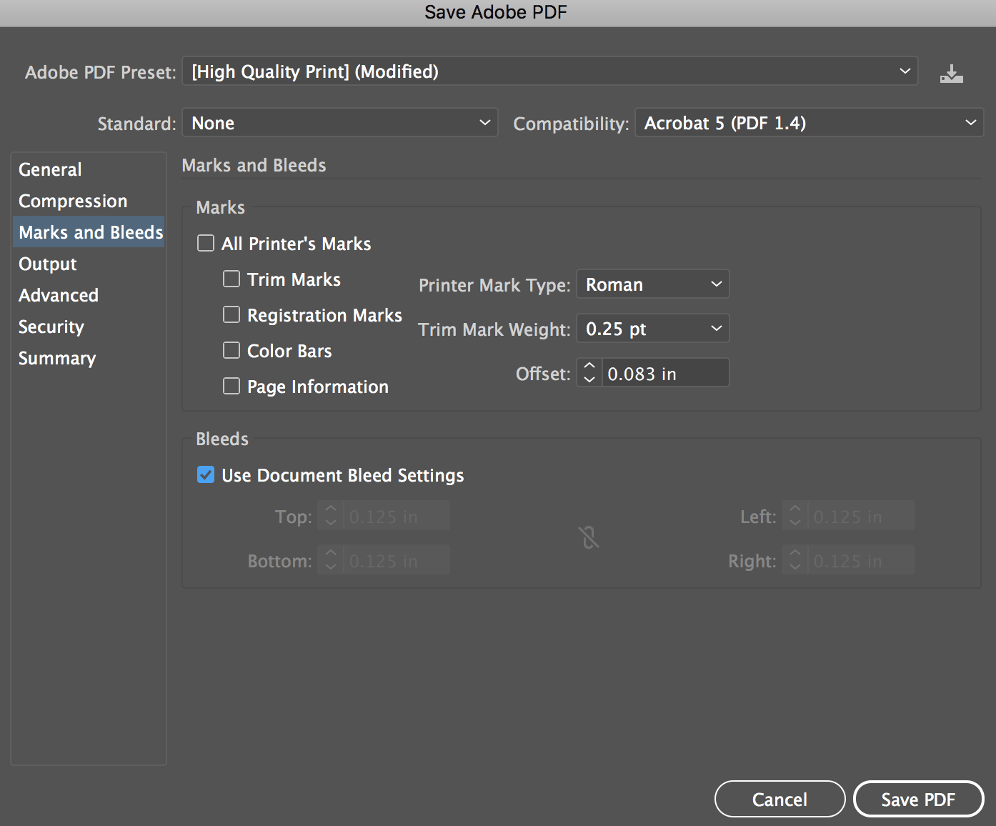 Turn off all printer’s marks in the Marks and Bleeds tab