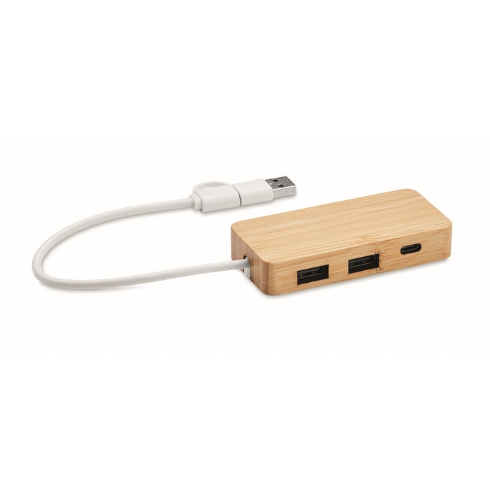 Практичный 3-портовый USB-хаб из бамбука с кабелем, 20 см