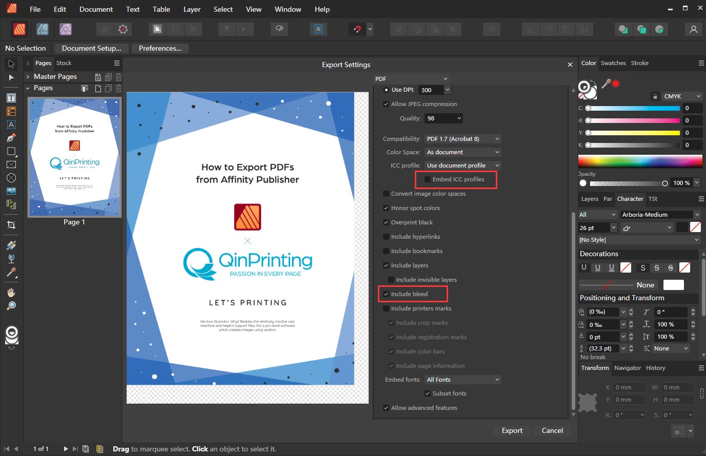 Как экспортировать PDF-файлы из Affinity Publisher, шаг 3