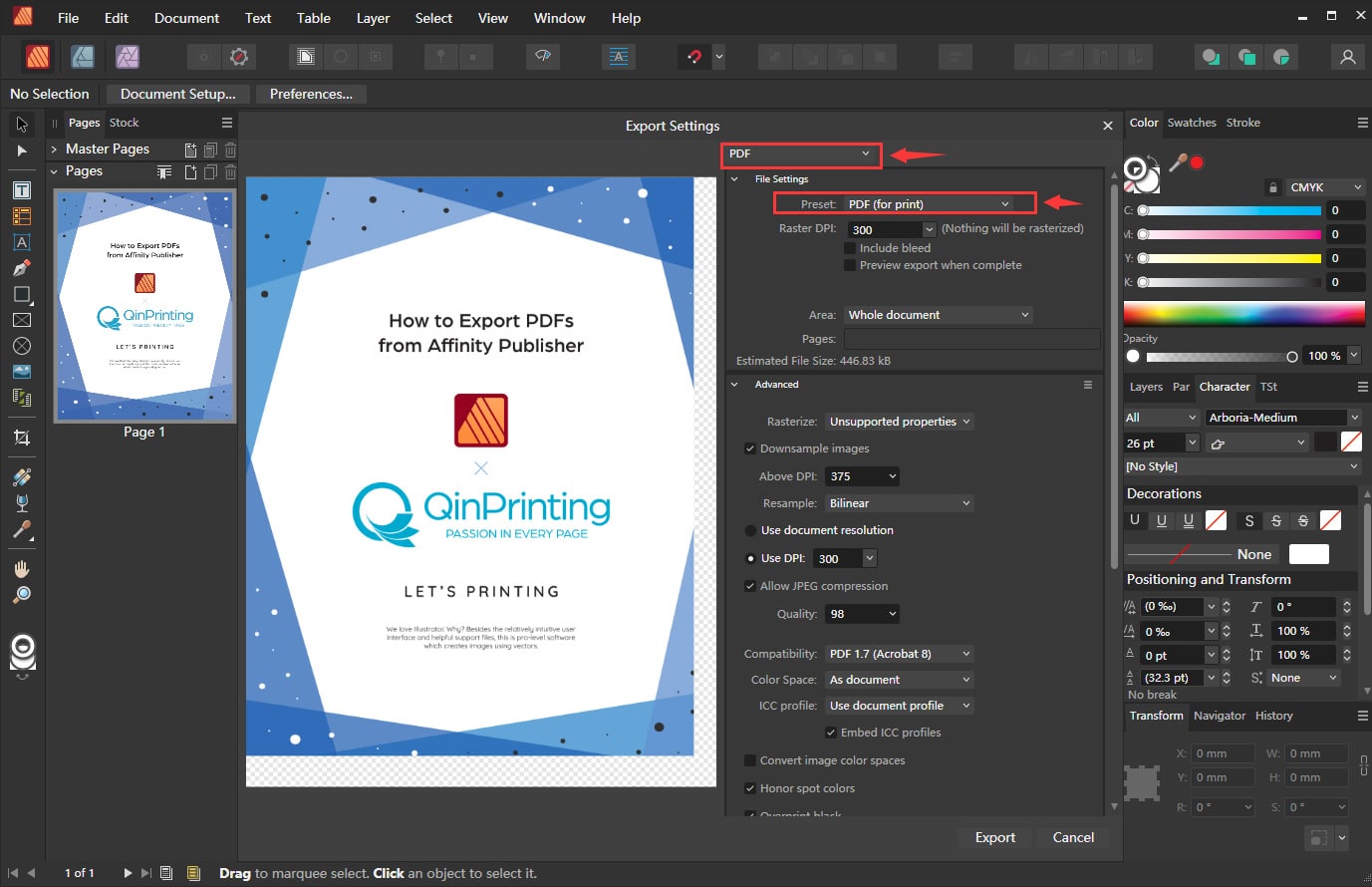 Как экспортировать PDF-файлы из Affinity Publisher, шаг 2