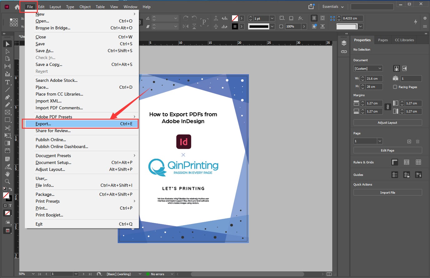 Как экспортировать PDF-файлы из Adobe InDesign, шаг 1