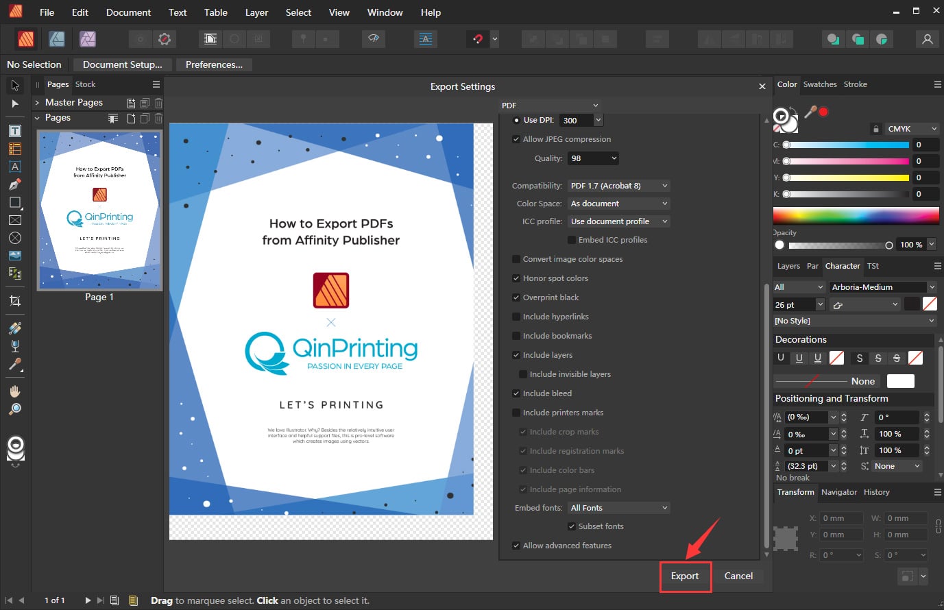Как экспортировать PDF-файлы из Affinity Publisher, шаг 4